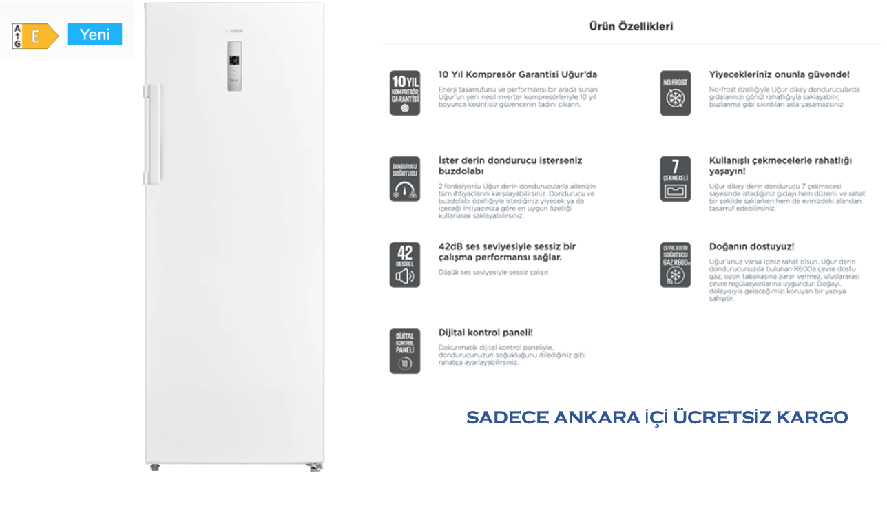 UĞUR UED 7238 DTK NF DGT  D/S R 65 Derin Dondurucu 7 yıl garantili